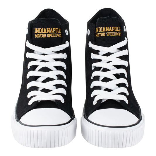 Wing Wheel Flag Hi Top Team Stripe Canvas Shoes in black and white, top view