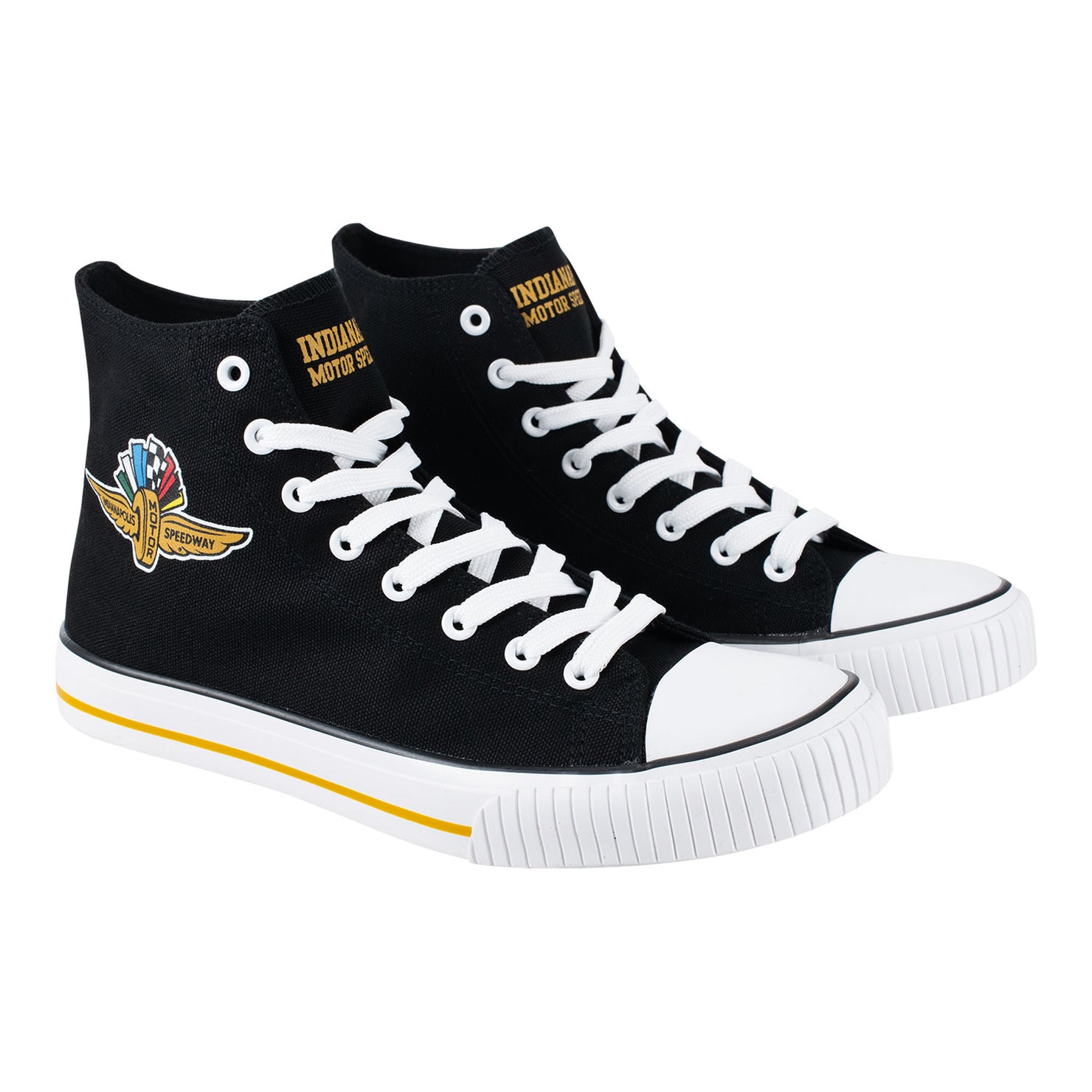 Wing Wheel Flag Hi Top Team Stripe Canvas Shoes in black and white, side view