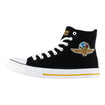 Wing Wheel Flag Hi Top Team Stripe Canvas Shoes in black and white, side view