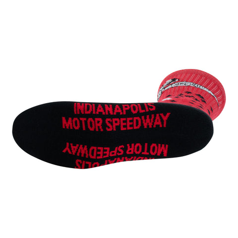 Wing Wheel Flag Spray Zone Socks in red and black, bottom view