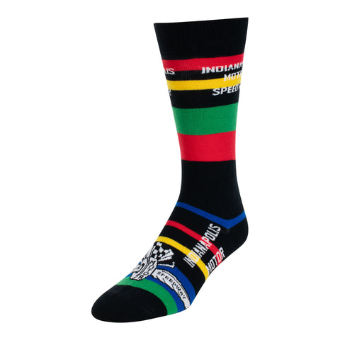 Wing Wheel Flag Striped Dress Socks in black with rainbow stripes
