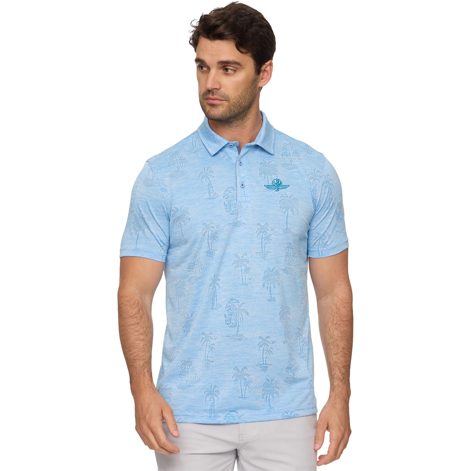 Wing, Wheel, and Flag Southlake Palm Print Polo in Blue - Front View