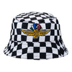 Wing Wheel Flag Checkered Bucket Hat in black and white - front view