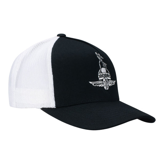 Wing Wheel Flag Borg Trophy Trucker Hat in black and white - side view