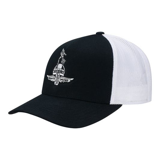 Wing Wheel Flag Borg Trophy Trucker Hat in black and white - front view