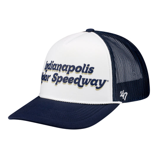 Indianapolis Motor Speedway Galveston Hitch Hat in White and Blue - Front Left View