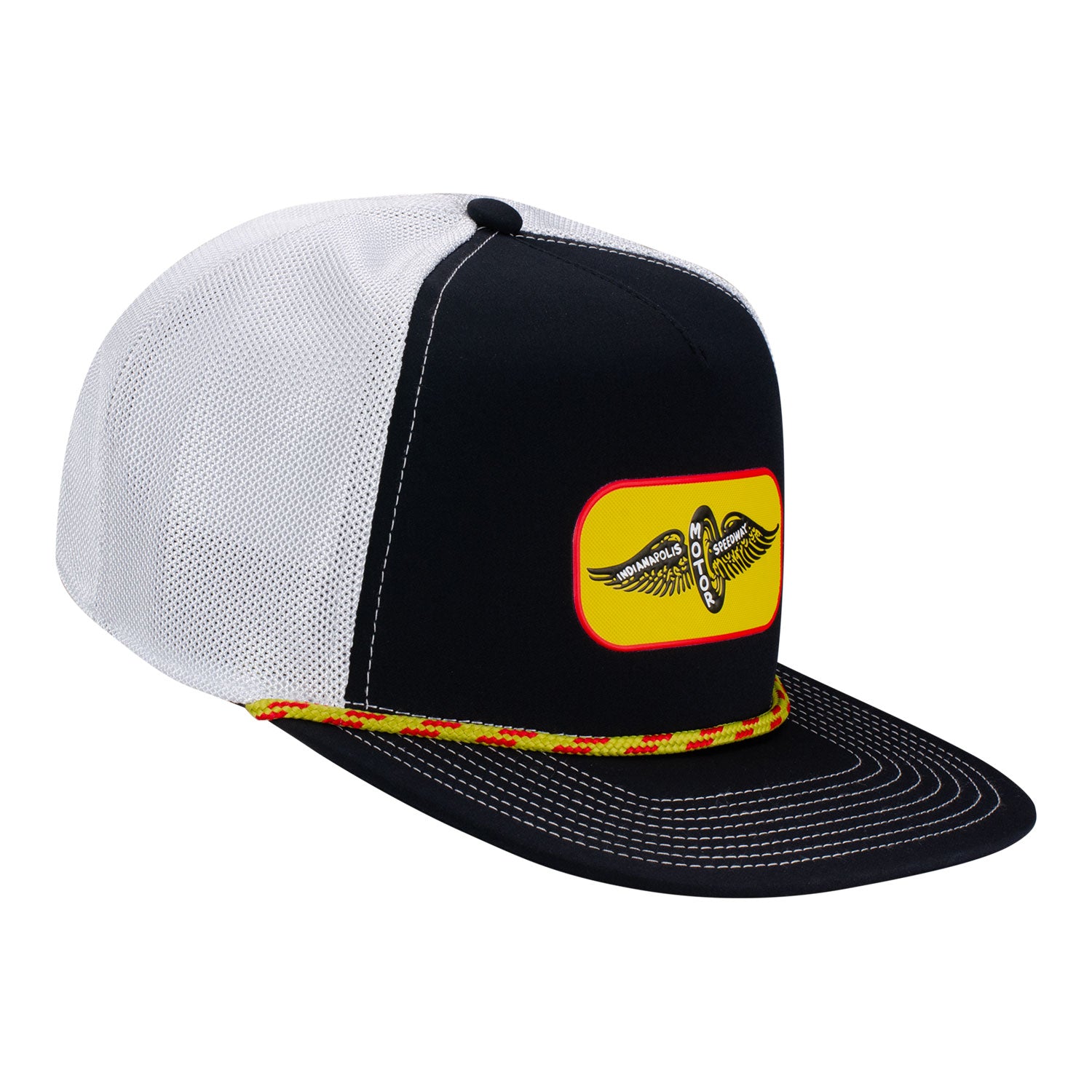 Wing Wheel Mesh back TPU Patch Rope Flat Bill Hat in Black and White - Front Right View