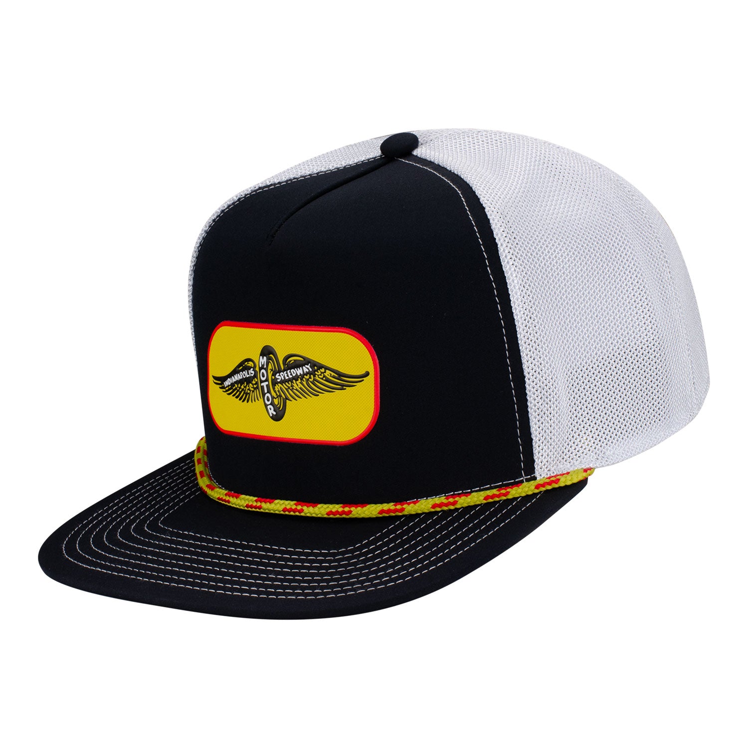 Wing Wheel Mesh back TPU Patch Rope Flat Bill Hat in Black and White - Front Left View