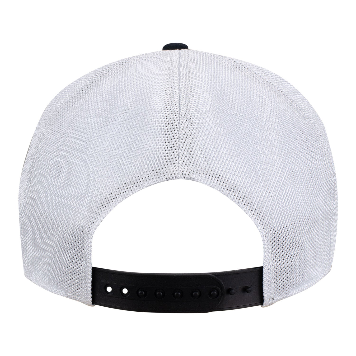 Wing Wheel Mesh back TPU Patch Rope Flat Bill Hat in Black and White - Back View