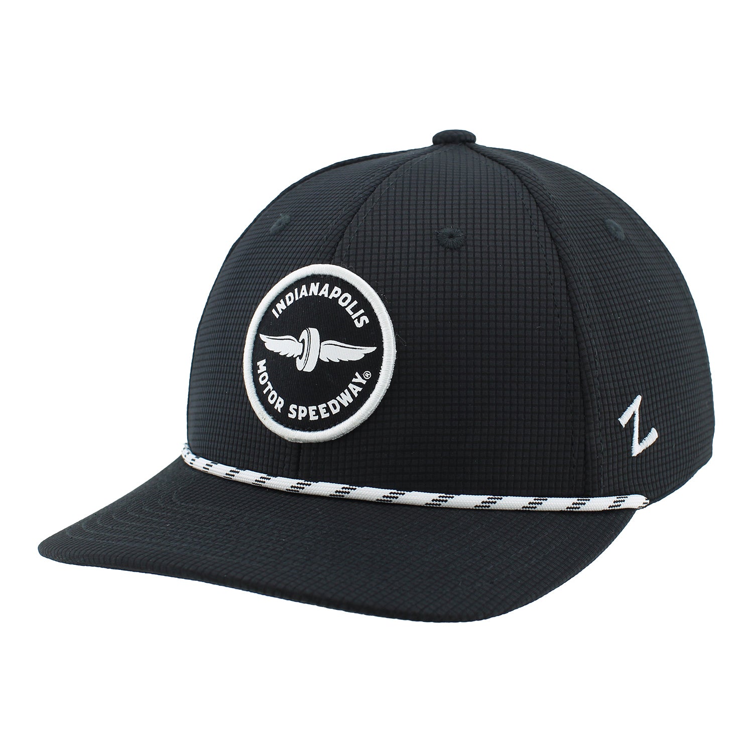 Indianapolis Motor Speedway Circle Patch Zephyr Rope Hat in Black - Front Left View