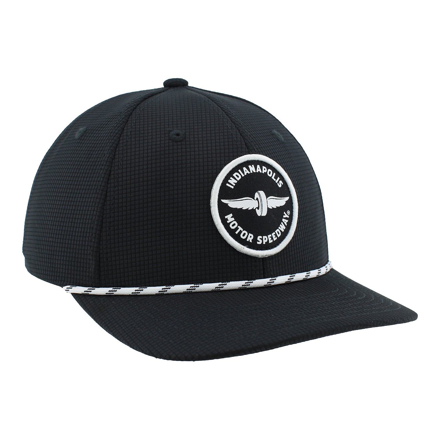 Indianapolis Motor Speedway Circle Patch Zephyr Rope Hat in Black - Front Right View