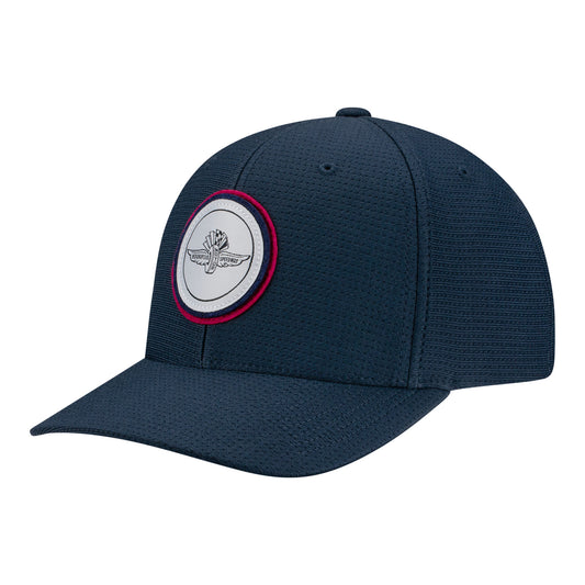 WWF Red and White Round Patch Hat in Blue - Front Left View
