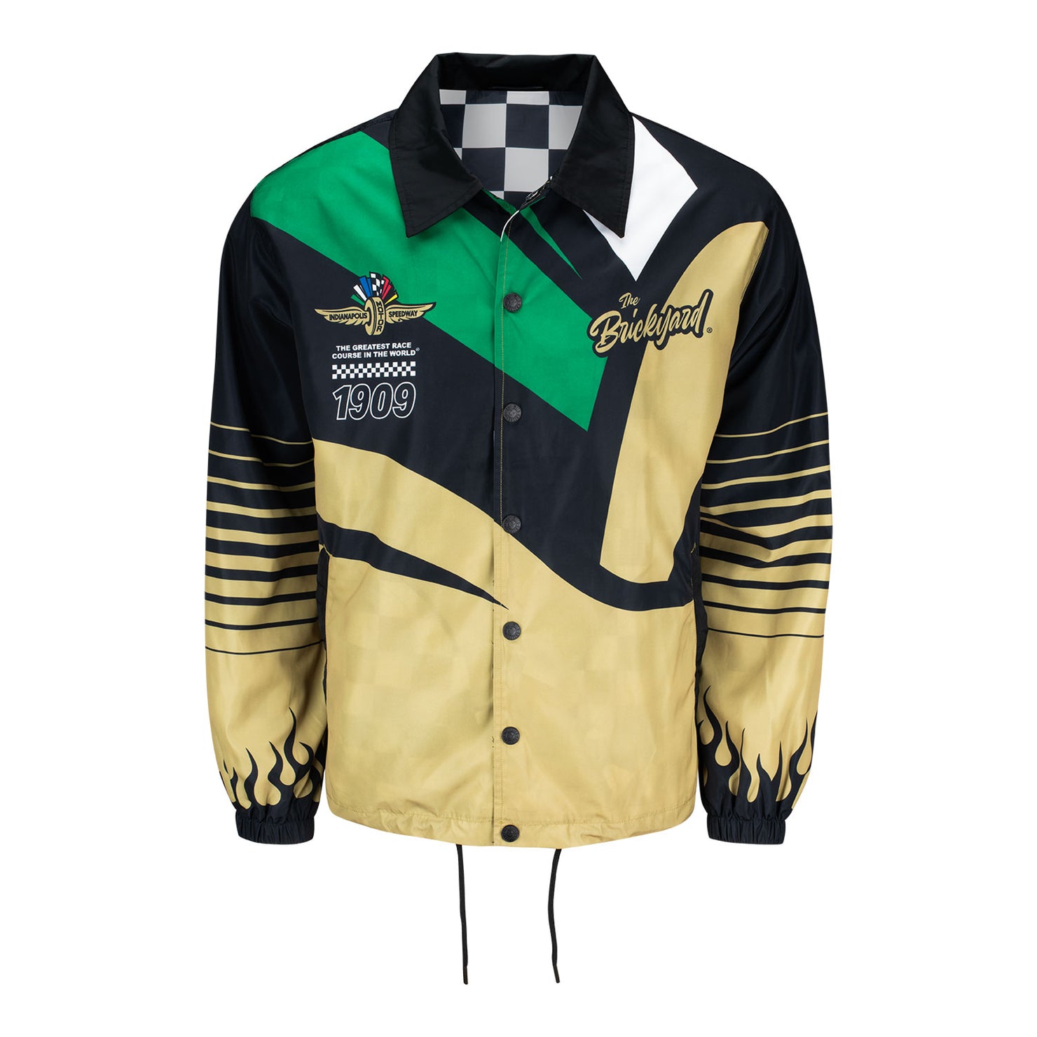 Indianapolis Motor Speedway Wing Wheel Flag Wild Collective Coaches Jacket - Front View