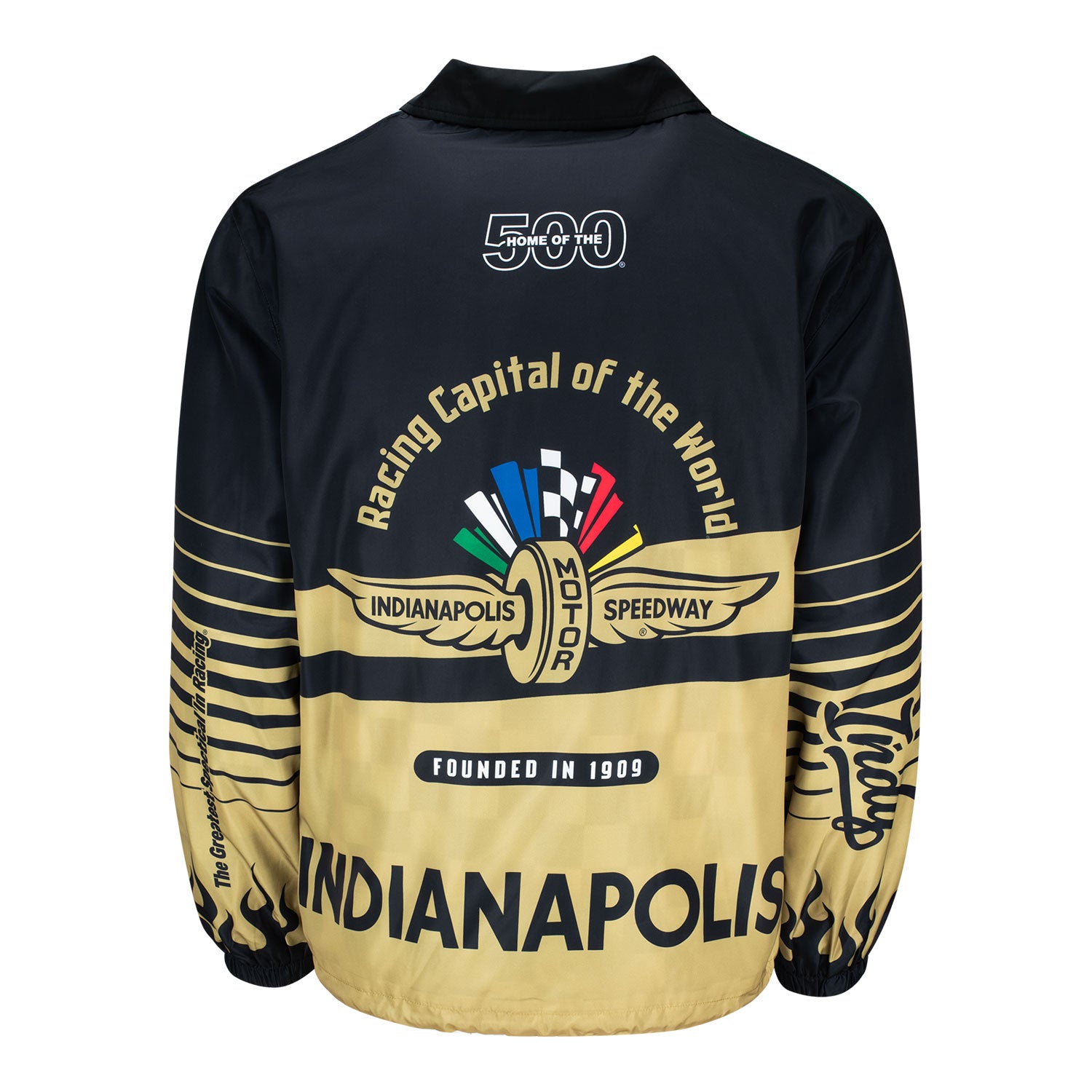 Indianapolis Motor Speedway Wing Wheel Flag Wild Collective Coaches Jacket - Back View