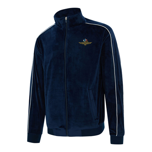 Mens Wing Wheel Flag Velour Full-Zip Jacket in Blue - Front View