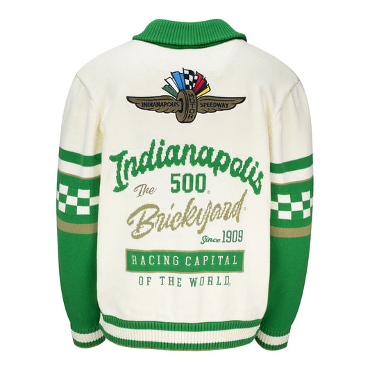 Indianapolis Motor Speedway Wild Collective Jacquard Sweater in White and Green - Back View