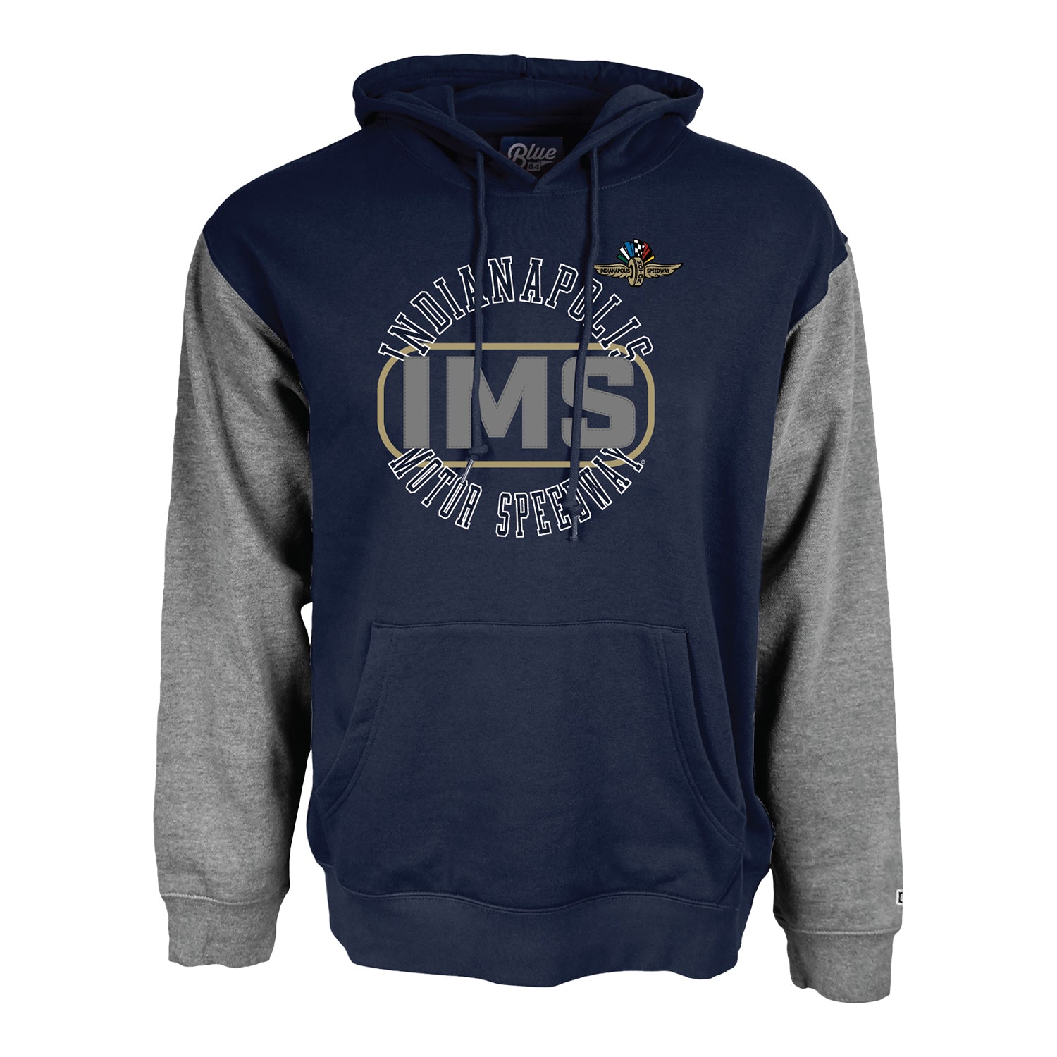 Wing Wheel Flag Applique Hooded Sweatshirt in Navy and Grey - Front View