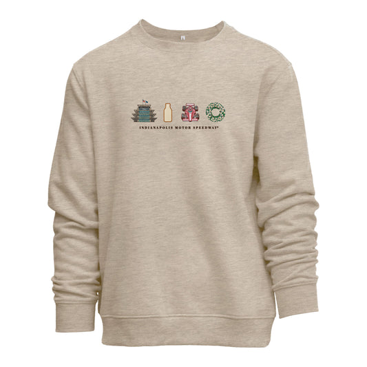 Indianapolis Motor Speedway Icon Crewneck in Safari Heather in Brown - Front View