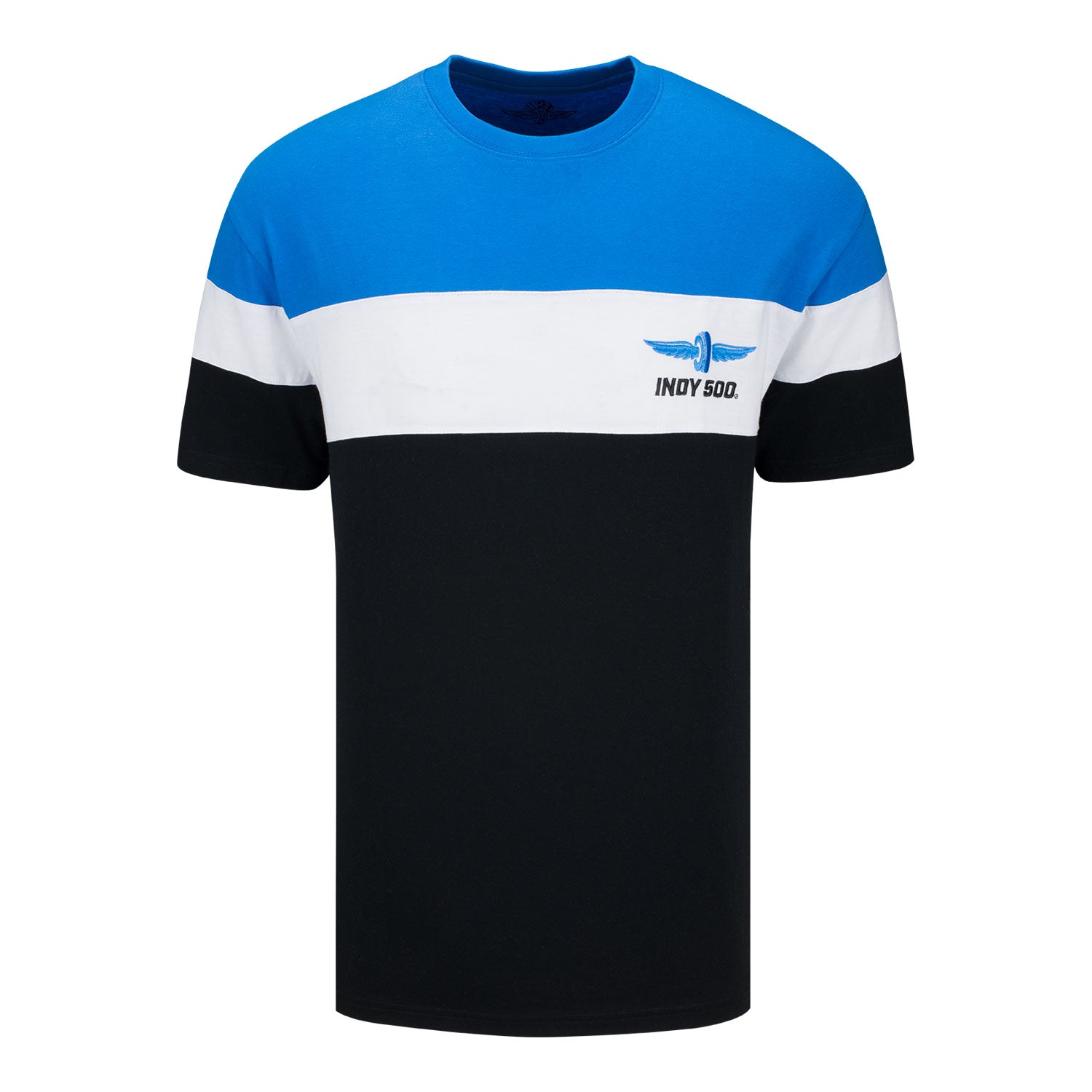 Indy 500 Tri-Color T-Shirt in Blue, Black, and White- Front View