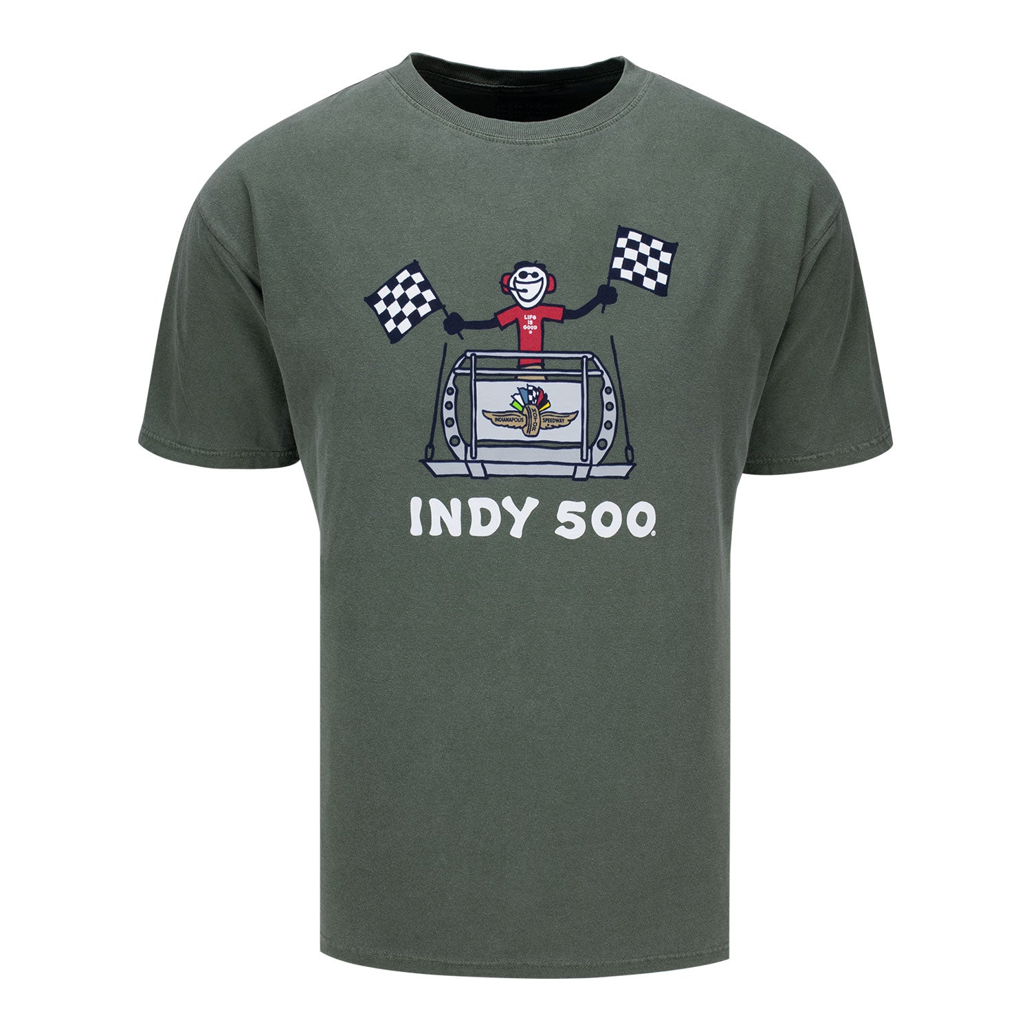 Indy 500 Life Is Good Victory Lap T-shirt in Grey - Front View