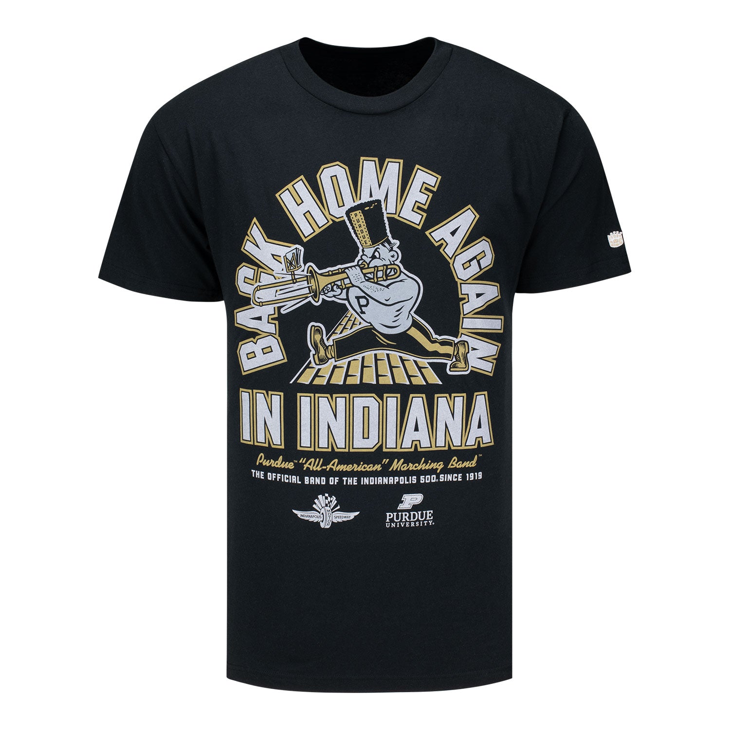 Indianapolis Motor Speedway Purdue Back Home Again T-Shirt in Black - Front View
