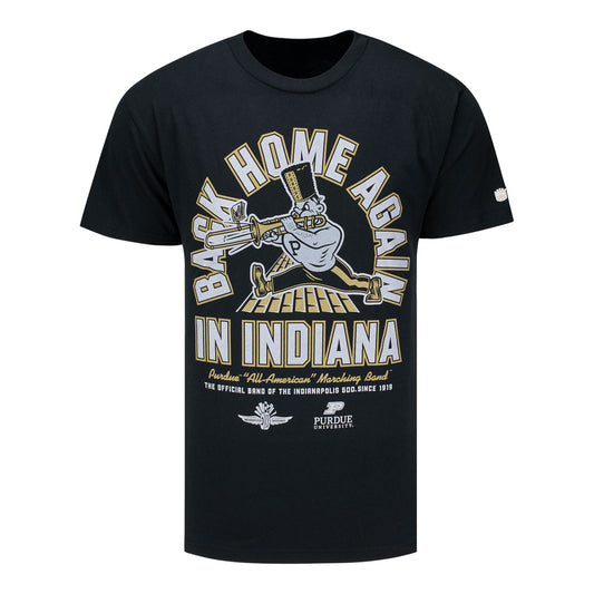 Indianapolis Motor Speedway Purdue Back Home Again T-Shirt in Black - Front View