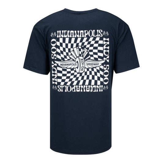 Wing Wheel Flag Checkered Groovy T-Shirt in Blue - Back View