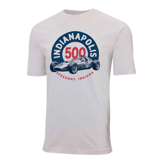 Indy 500 Retro Car T-shirt in White - Front View