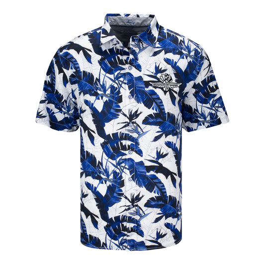 Wing Wheel Flag Sunnyvale Blooms Camp Shirt in Blue - Front View