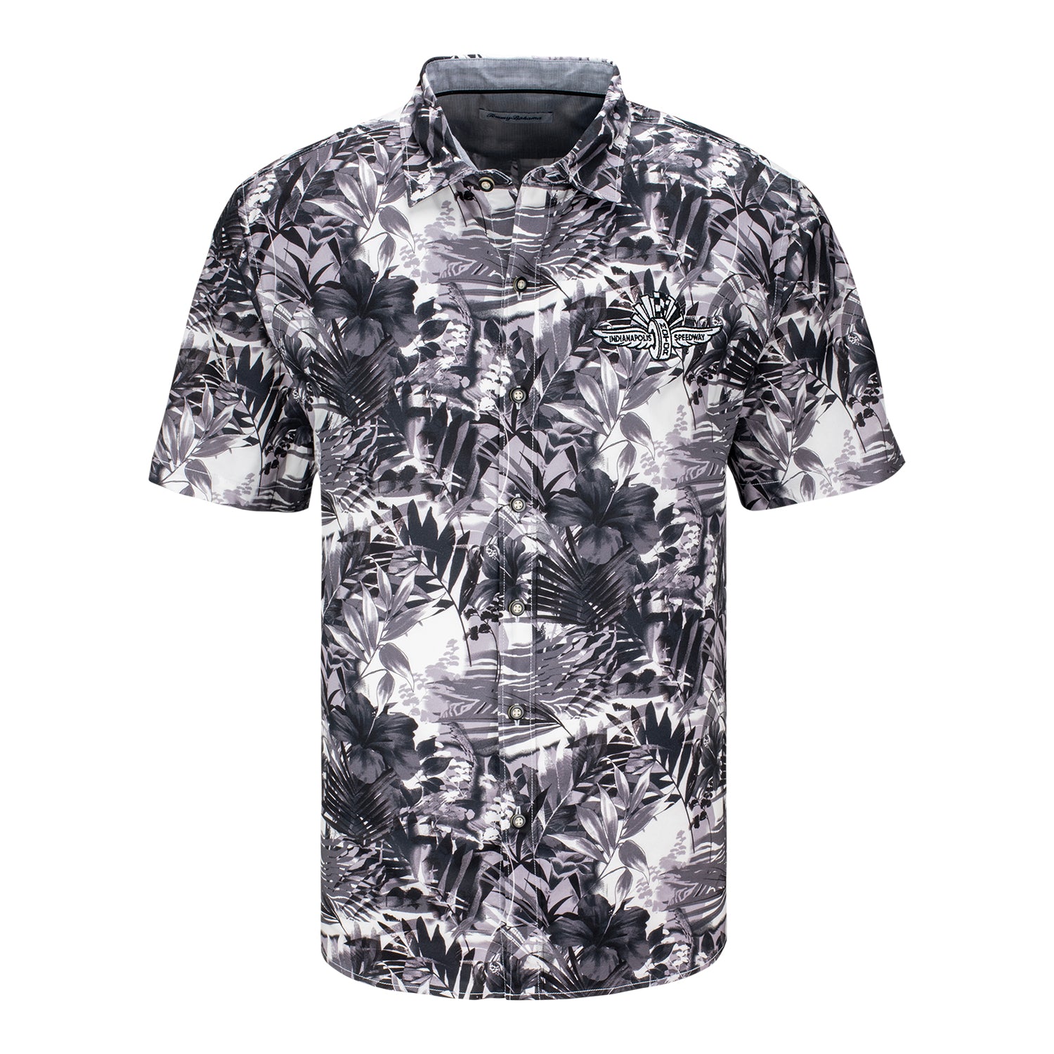 Wing Wheel Flag Electric Fronds Camp Shirt in Black - Front View