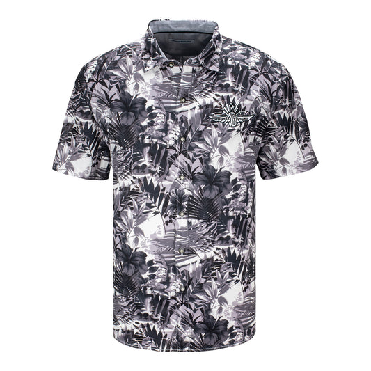 Wing Wheel Flag Electric Fronds Camp Shirt in Black - Front View