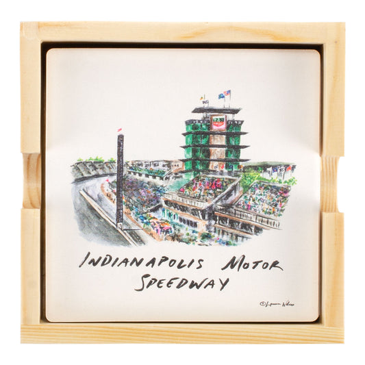 Indianapolis Motor Speedway Watercolor Stone 4-Pack Coaster Set In White - Top View Of Coaster In Box