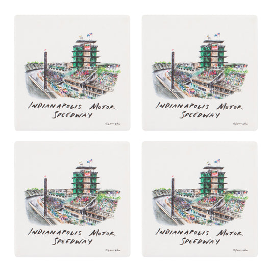 Indianapolis Motor Speedway Watercolor Stone 4-Pack Coaster Set In White - 4 Coasters Front View