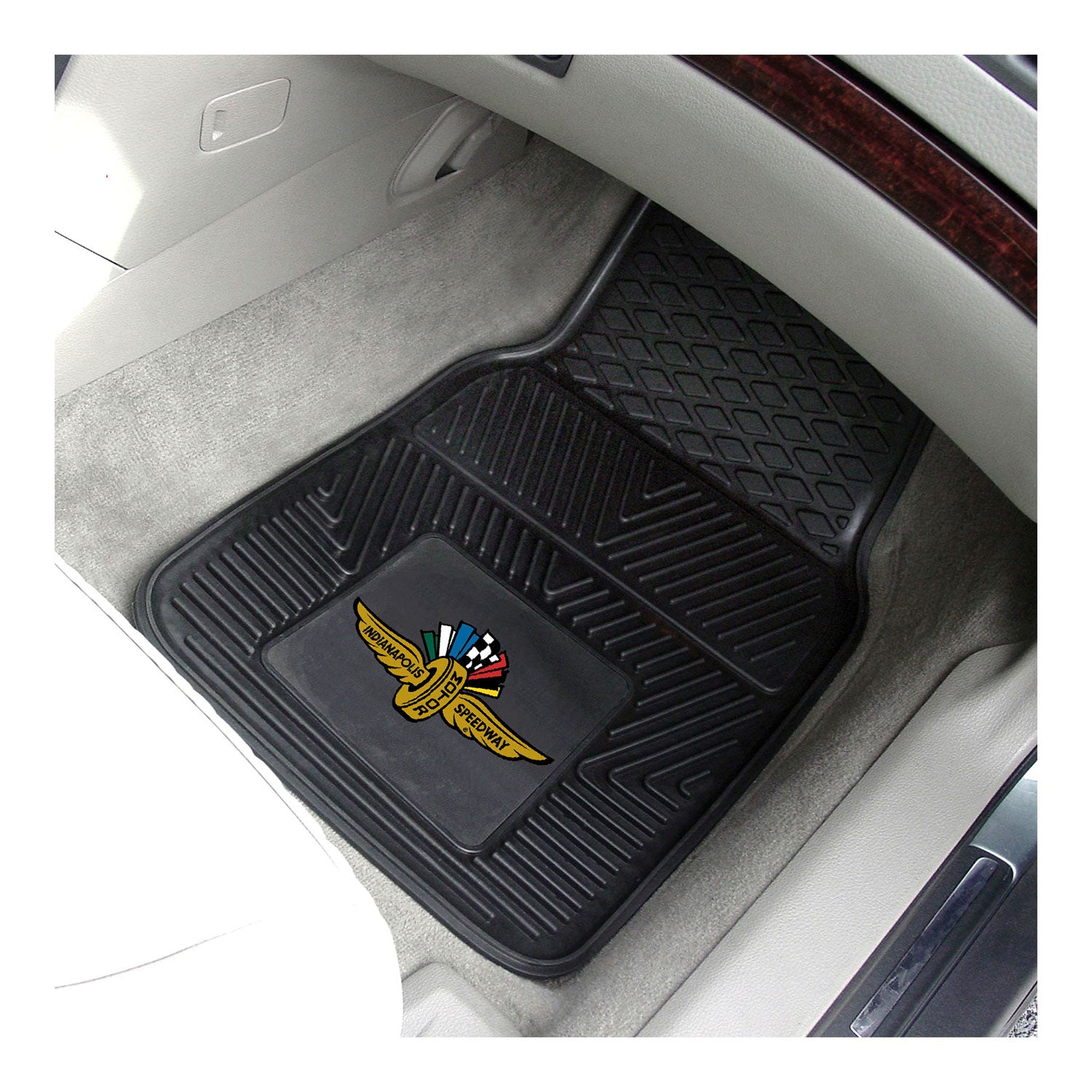 Wing Wheel Flag Vinyl Car Mats 2PK, lifestyle photo in car