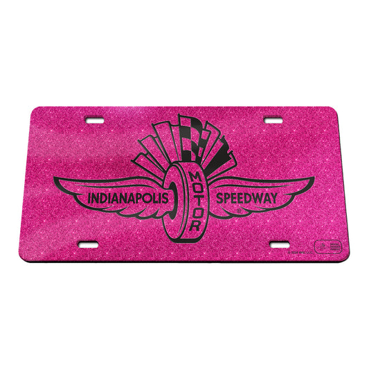 Wing Wheel Flag Pink Glitter Acrylic License Plate - front view