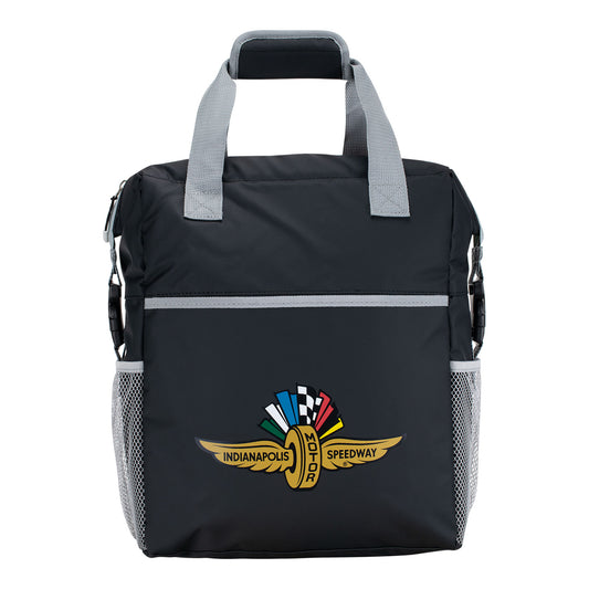 Wing Wheel Flag Backpack Cooler in black and grey, front view