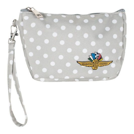 Wing Wheel Flag Dot Wristlet in grey with white polka dots, front view