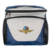 Wing Wheel Flag 24 Can Cooler in blue and grey, front view