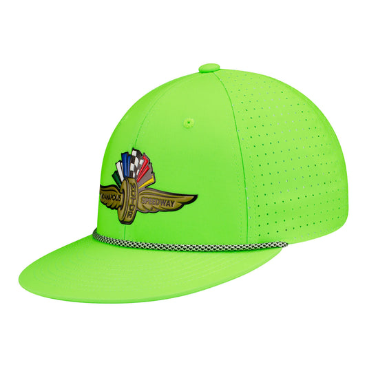 Wing Wheel Flag Neon Green Youth Flat Bill Hat - front view