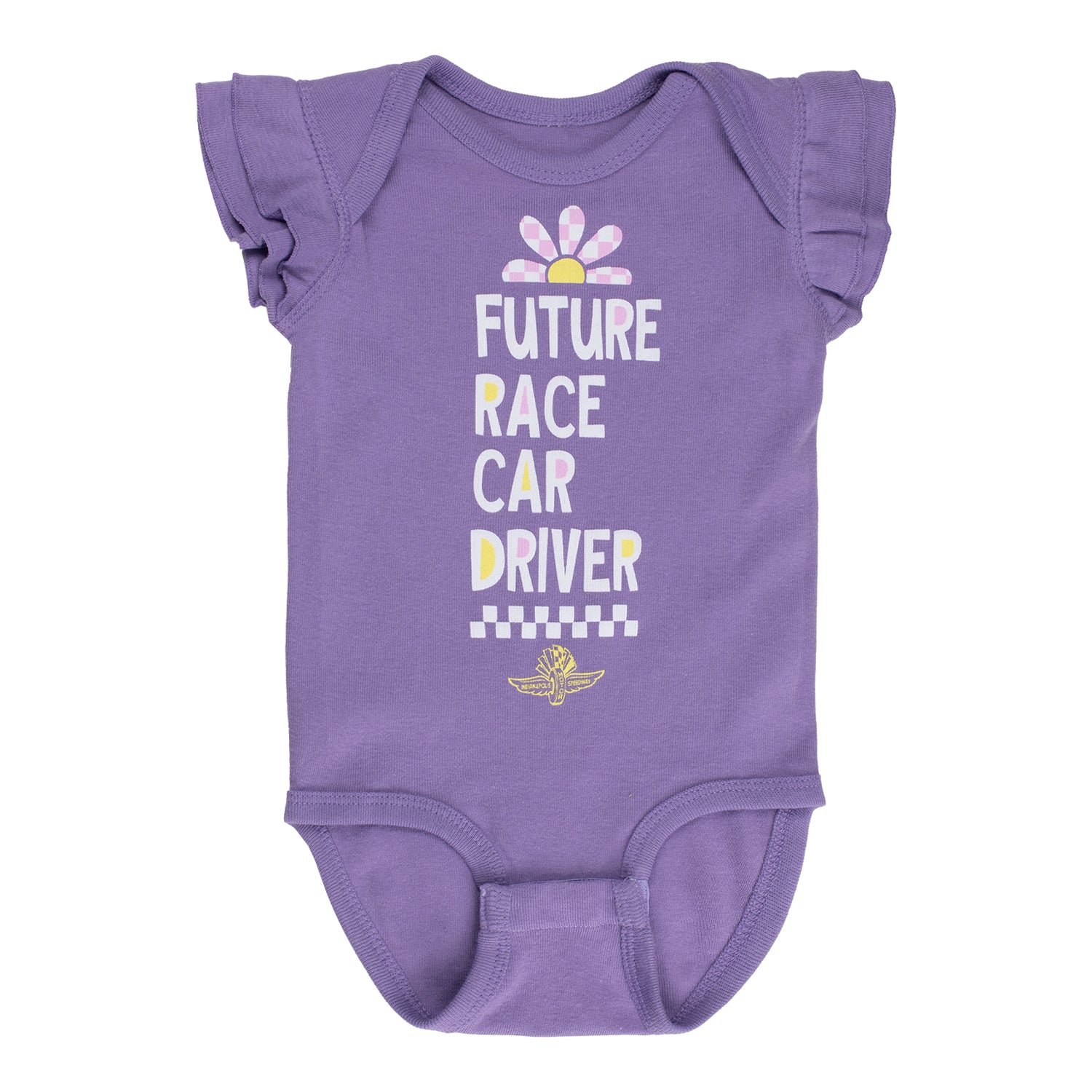 Indianapolis Motor Speedway Future Driver Girls Onesie in Purple - Front View