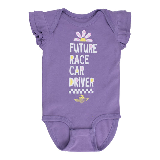 Indianapolis Motor Speedway Future Driver Girls Onesie in Purple - Front View