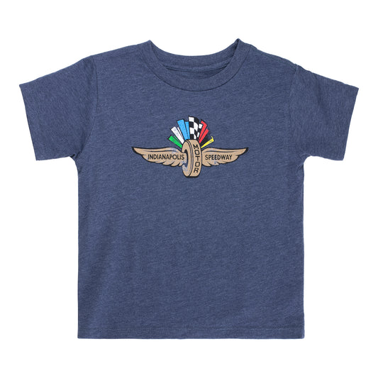 Wing Wheel Flag Distressed Logo Toddler T-Shirt in Blue - Front View
