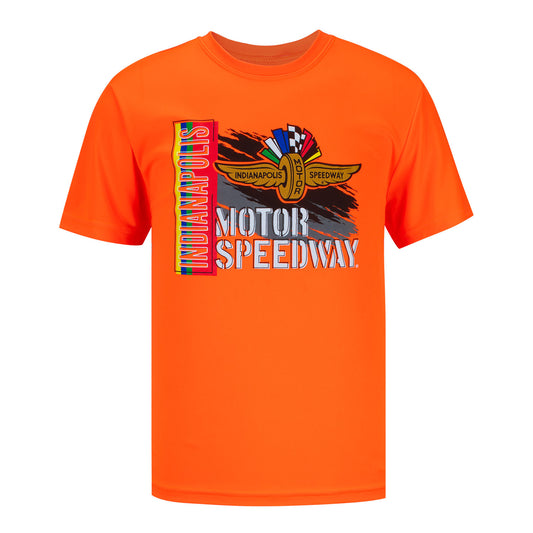 Wing Wheel Flag Performance T-Shirt in orange, front view