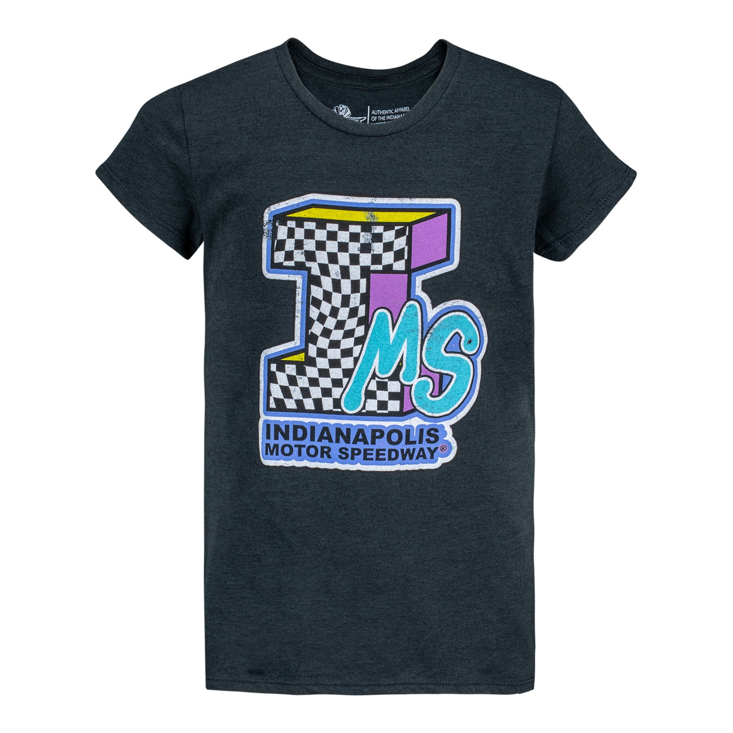 IMS Checkered Throwback Girls T-Shirt in Black - Front View