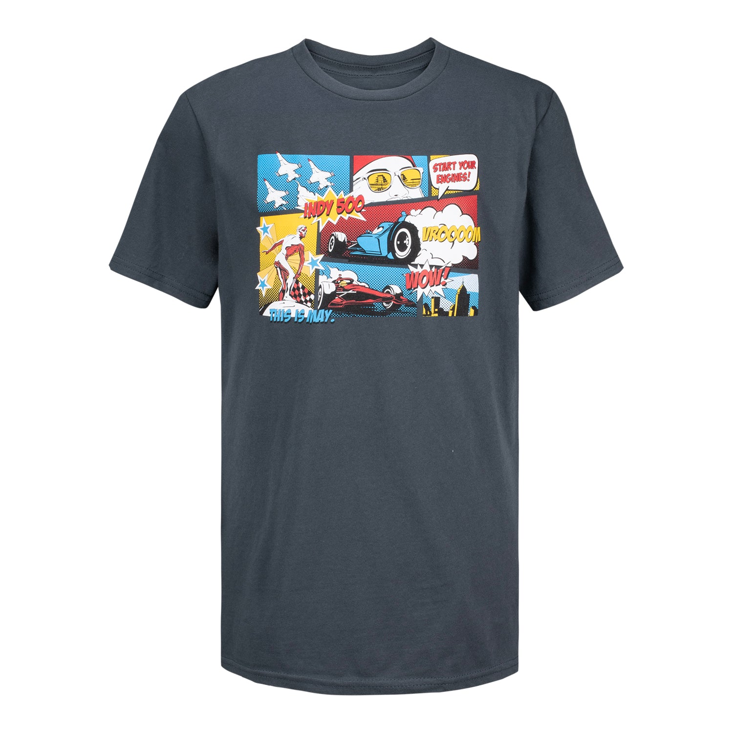 Indianapolis Motor Speedway Comic Strip T-Shirt in Black - Front View