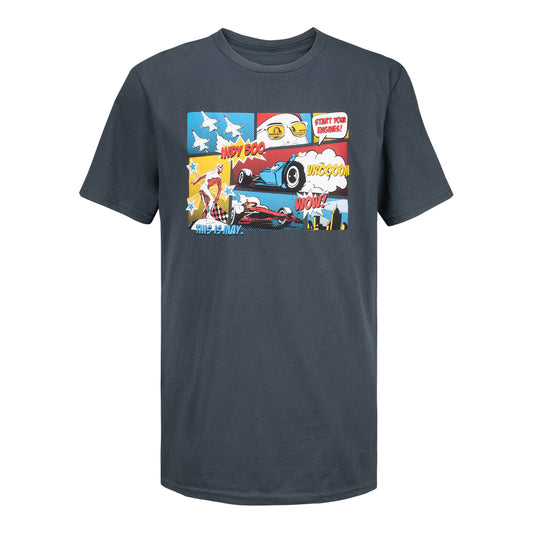 Indianapolis Motor Speedway Comic Strip T-Shirt in Black - Front View