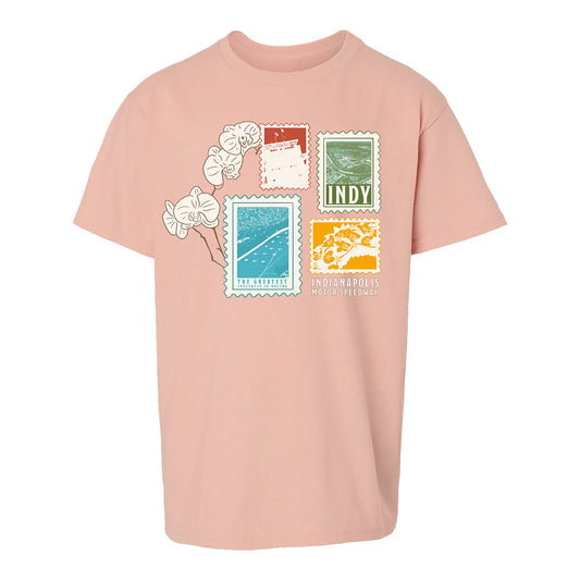 Indy 500 Stamp and Orchid Youth T-shirt in Pink - Front View