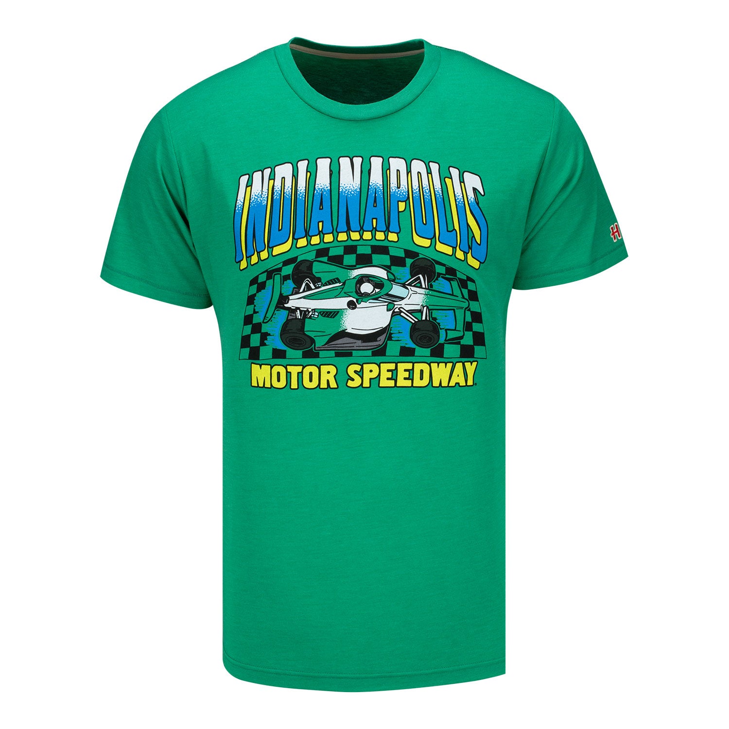 Indy 500 Motor Speedway Neon Homage T-shirt in Green - Front View