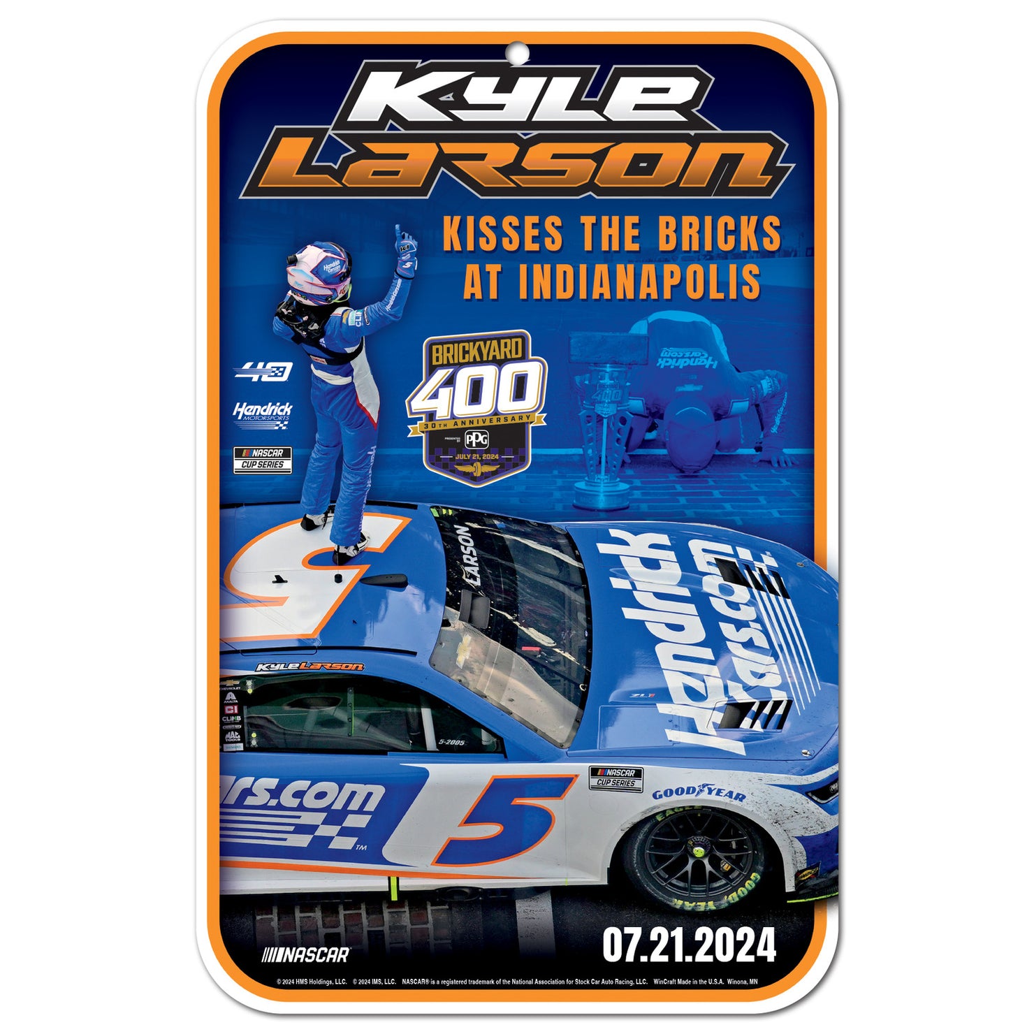 2024 Brickyard 400 Race Winner Kyle Larson Plastic Sign - Front View