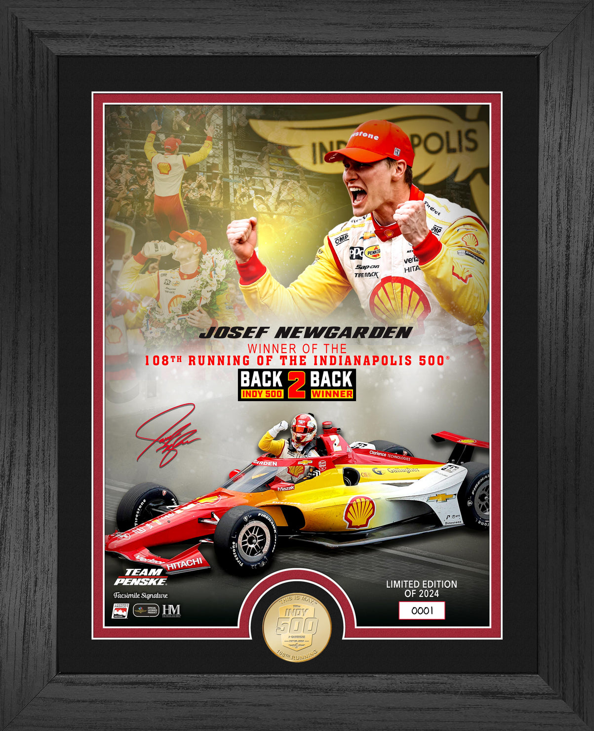 2024 Indianapolis 500 Winner Josef Newgarden Framed Piece